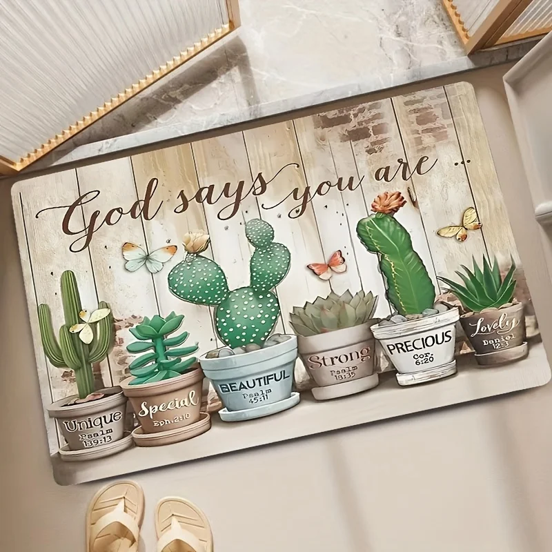 God Says You Are Cactus Rug Succulent Plant Print Floor Mat Religious Christian Home Decor, Non-Slip Doormat for Entryway Living
