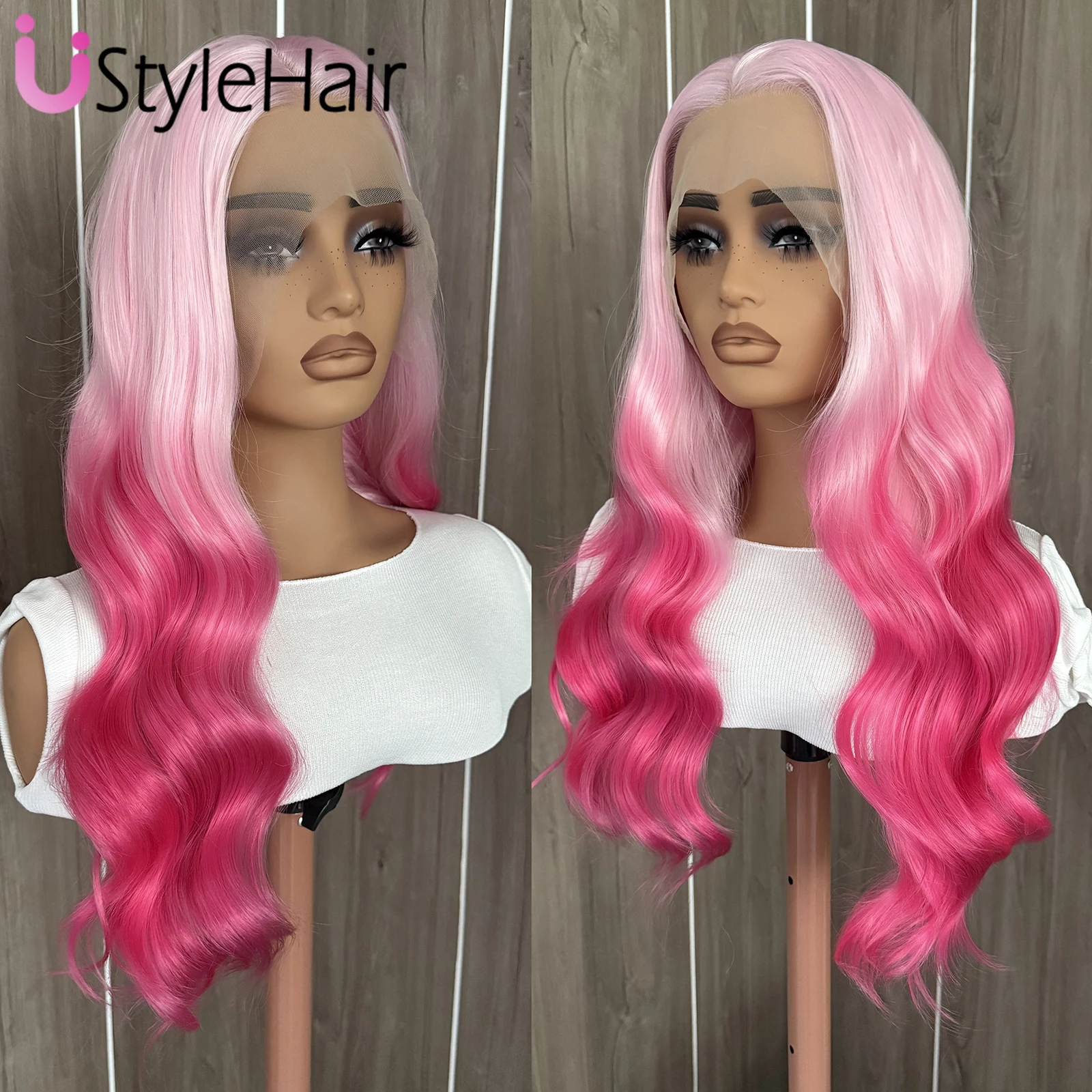

Ombre Розовый Парик Фронта Шнурка Синтетический Длинный Парик Объемной Волны для Женщин 13x4 Бесклеевой Повседневная Одежда Парики Для Косплея Термостойкое Волокно Волосы