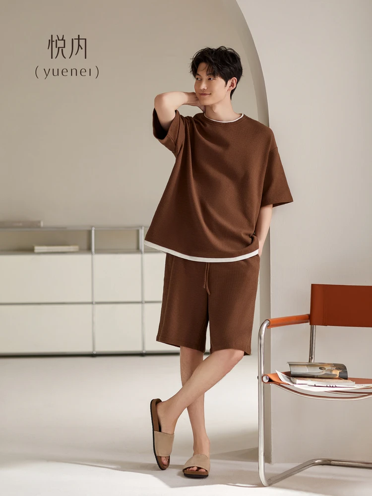 men's-summer-cotton-pajamas-short-sleeve-shorts-home-clothes-casual-plaid-set-wearable-outdoor-comfortable-breathable-soft