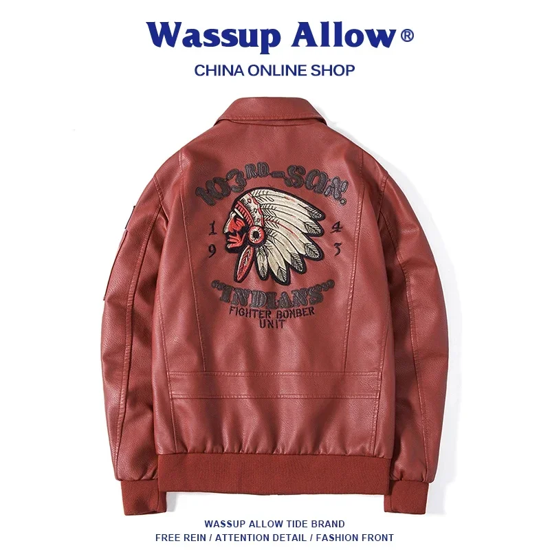 WASSUP ALLOW Jaqueta de couro americana masculina de couro PU casal bordado jaqueta com gola alta