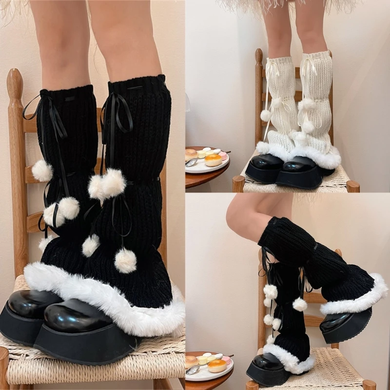 Womens Lolitas Knit Long Socks Bows Lace Up Leg Warmers Harajuku Plush Frilly Booties Socks Winter Warm Ankle Heap Socks