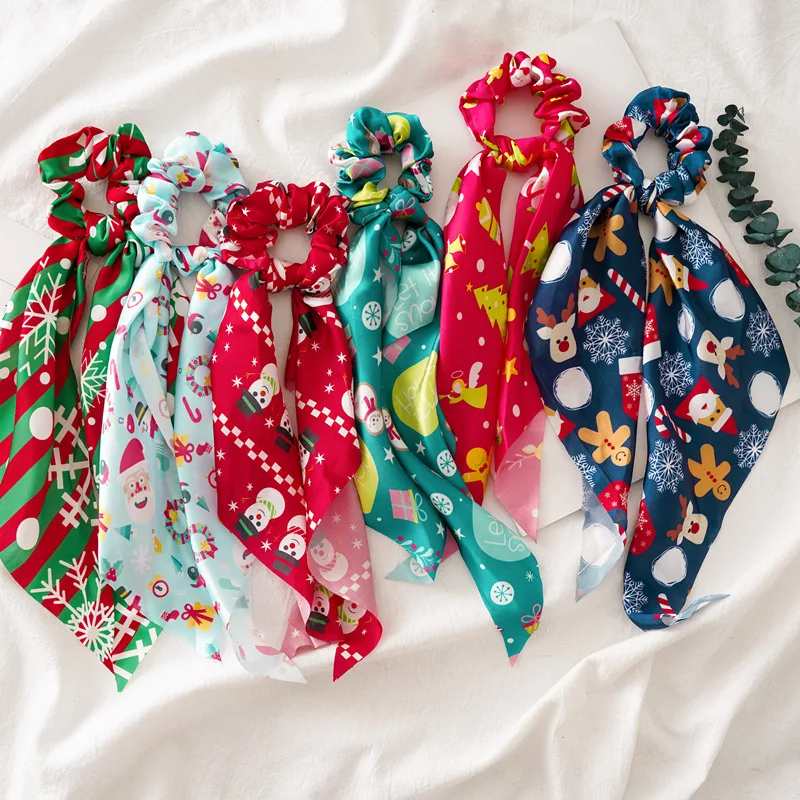 Santa Claus Bows Hair Scrunchies Long ribbon Ponytail Scarf  Hair Tie Women Girls Elastic Hair Bands Christmas Hair Accessories