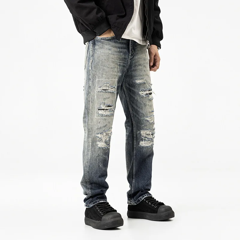 عصرية الراقية الجينز الثقيل الوزن الحنين الرجال الشارع الاتجاه الرجعية التدرج الأزرق ممزق السراويل فضفاضة