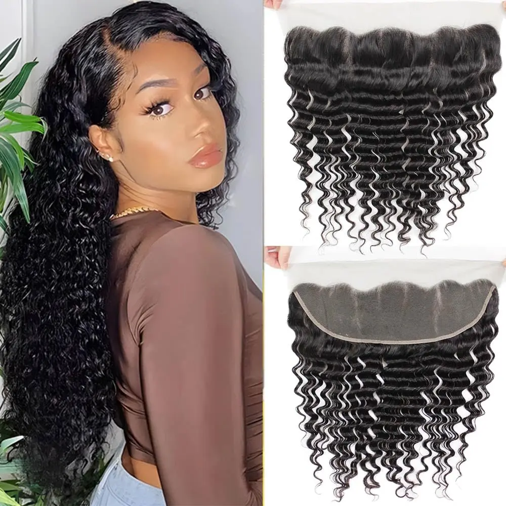 13x4 Lace Frontal Closure Deep Wave Human Hair Frontal Ear to Ear HD Full Lace Frontal with Baby Hair Pre Plucked Natural Color