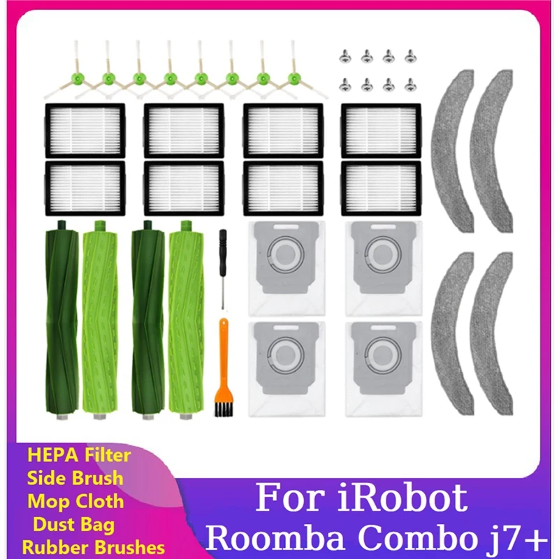 

30PCS Accessories Kit For Irobot Roomba Combo J7+ Vacuum Cleaner Rubber Brush HEPA Filter Side Brush Mop Cloth Dust Bag