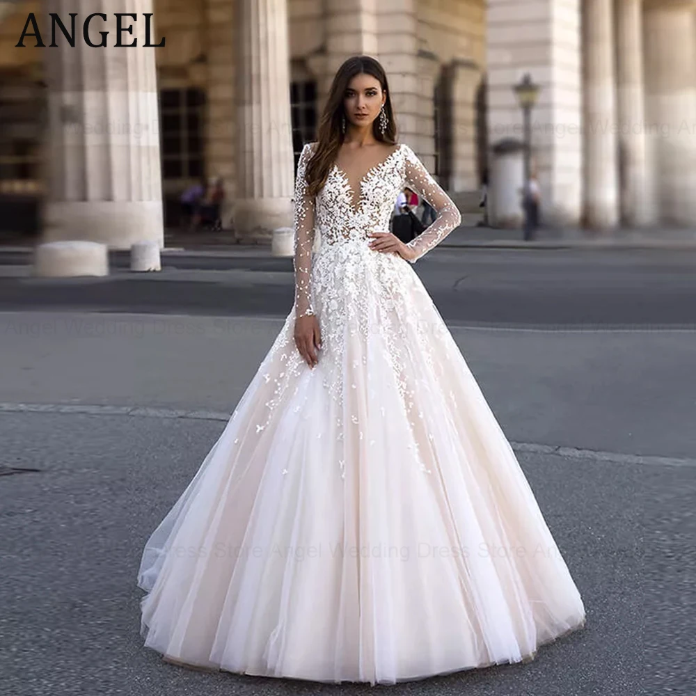 

ANGEL Romantic Wedding Dresses Long Sleeve Lace Scoop Neck A-Line Bridal Gown Vestido De Novia Modest Wedding Party Gown