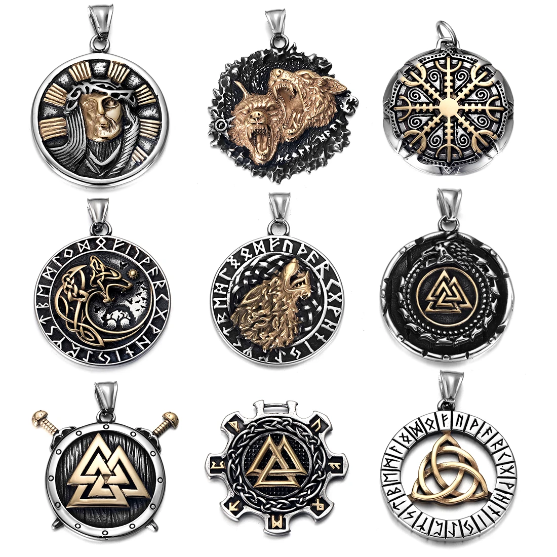 316L Stainless Steel Norse Viking Rune Wolf Pendant Round Shape for Men Necklace DIY Accessories Finding Jewelry Making Charm
