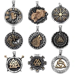 316L Stainless Steel Norse Viking Rune Wolf Pendant Round Shape for Men Necklace DIY Accessories Finding Jewelry Making Charm
