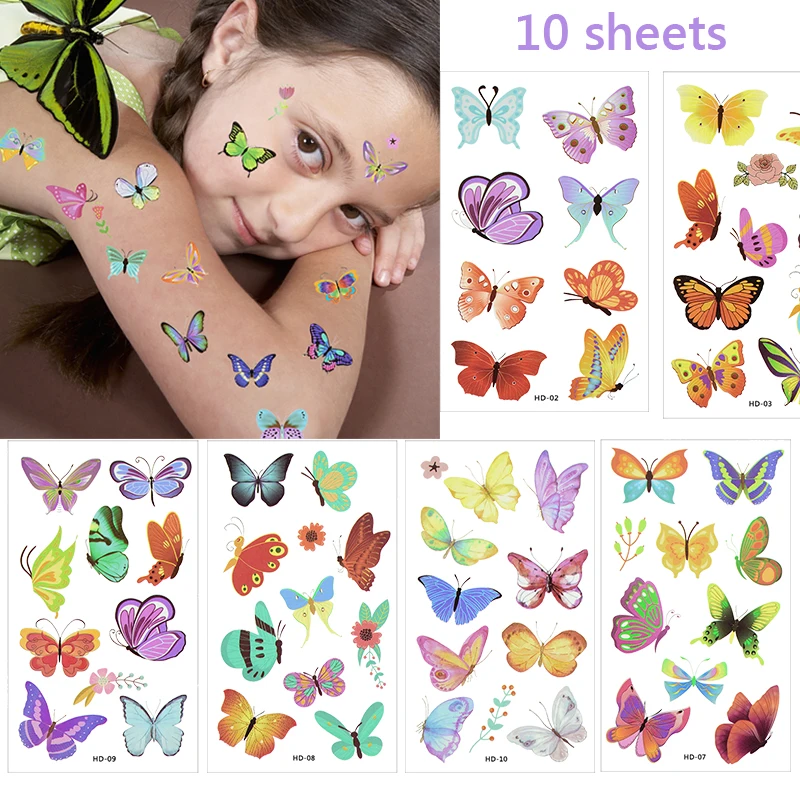 10 Sheet Butterfly Tattoo Stickers Fairy Butterfly Waterproof Temporary Tattoos Stickers On Face Arm Leg For Women Girl Body Art