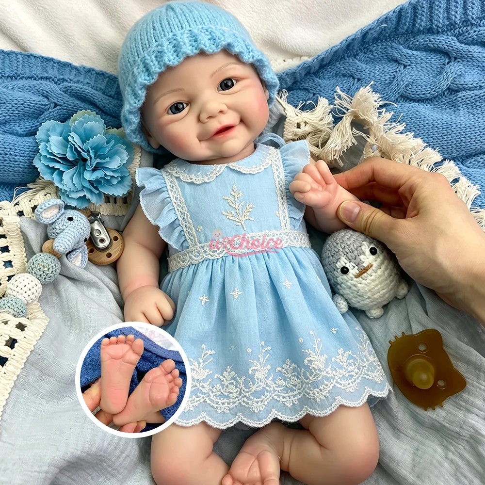 

Blue Eyes 17Inch Full Body Silicone Reborn Baby Hand Painted Veins Reborn Doll Lifelike Smiling Newborn For Collectible Art Doll