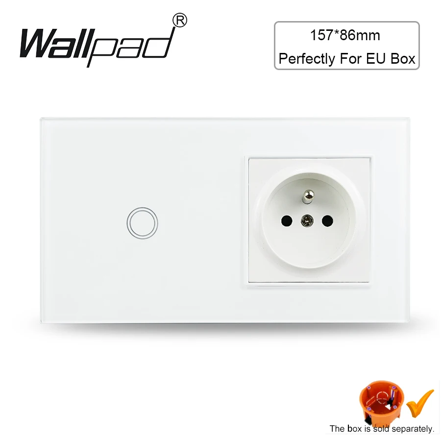 

French Switch with Socket Wallpad White Glass Wall Power Sockets and On Off Lamp Switches 220