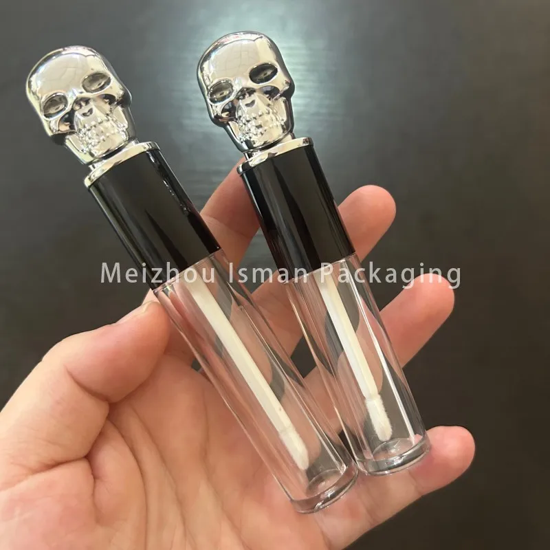 50pcs Halloween style unique silver skull Lip glaze empty tube human head lip gloss container empty bottle tubes 5ml 3ml