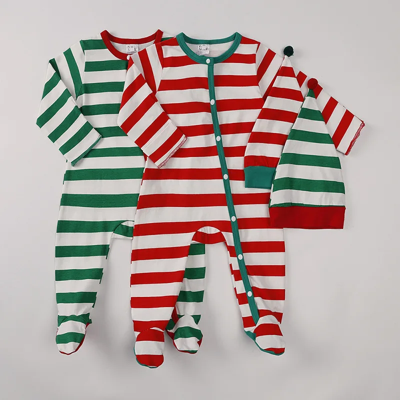 

2024 New Baby Christmas Romper Striped Print Button One-Piece Suit with Hat Cute Soft Infants Kids Clothing Xmas Look Outerwear