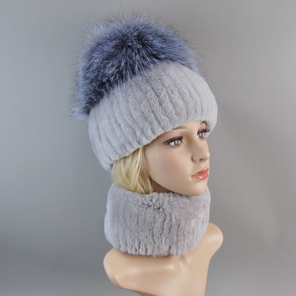 Chapeau et écharpe en fourrure de lapin Rex pour femme, bonnet en fourrure de renard naturel, ensembles d'écharpes de luxe, haut d'hiver, nouveau, 2 pièces