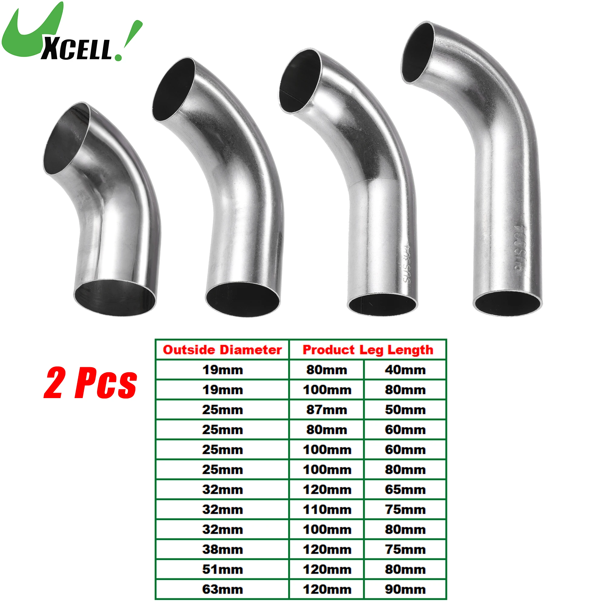 UXCELL 2Pcs 19mm 25mm 32mm 38mm 63mm 90° Bend Elbow Pipe Tube DIY Exhaust Pipe Air Intake Tube for Car 304 Stainless Steel