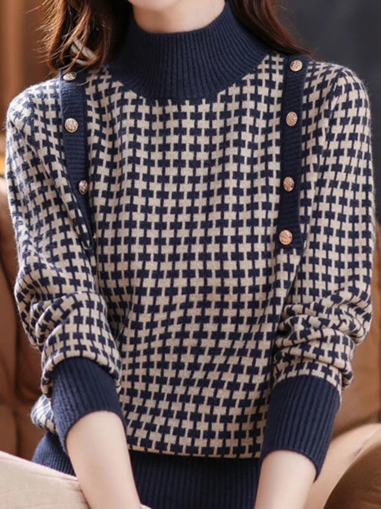 2024 Autumn/Winter Fashion Retro Warm Women's Knitted Hoodie Half High Collar Checkered Color Blocked Loose Outerwear Sweater