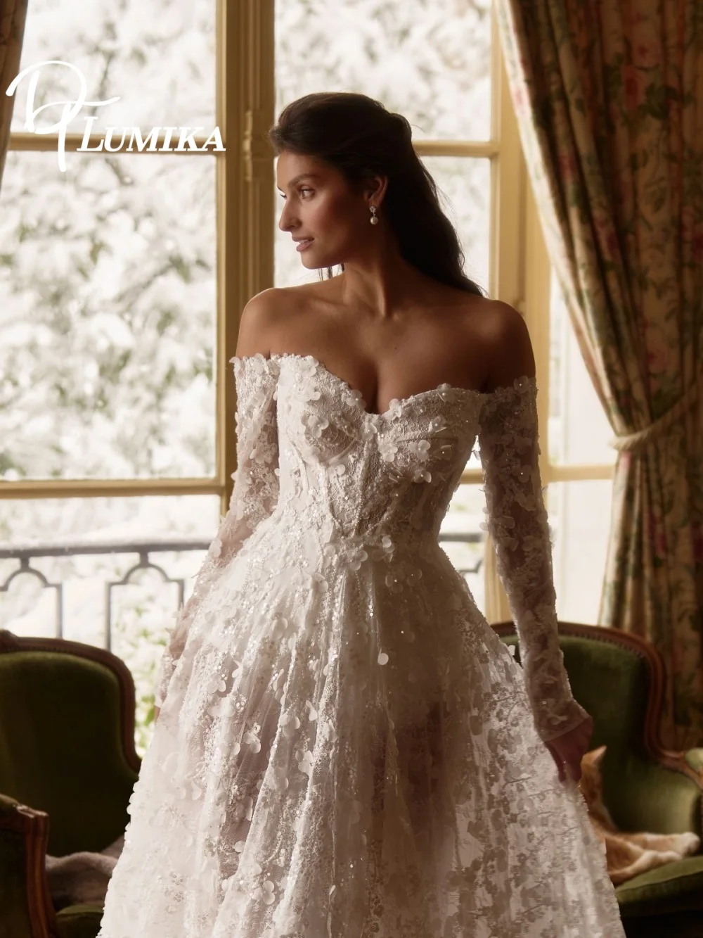 

Charming Off-the-shoulder Wedding Dress, Elegant Beaded Long-sleeved Bridal Gown, Graceful A-Line Floor-Length Wedding Gown