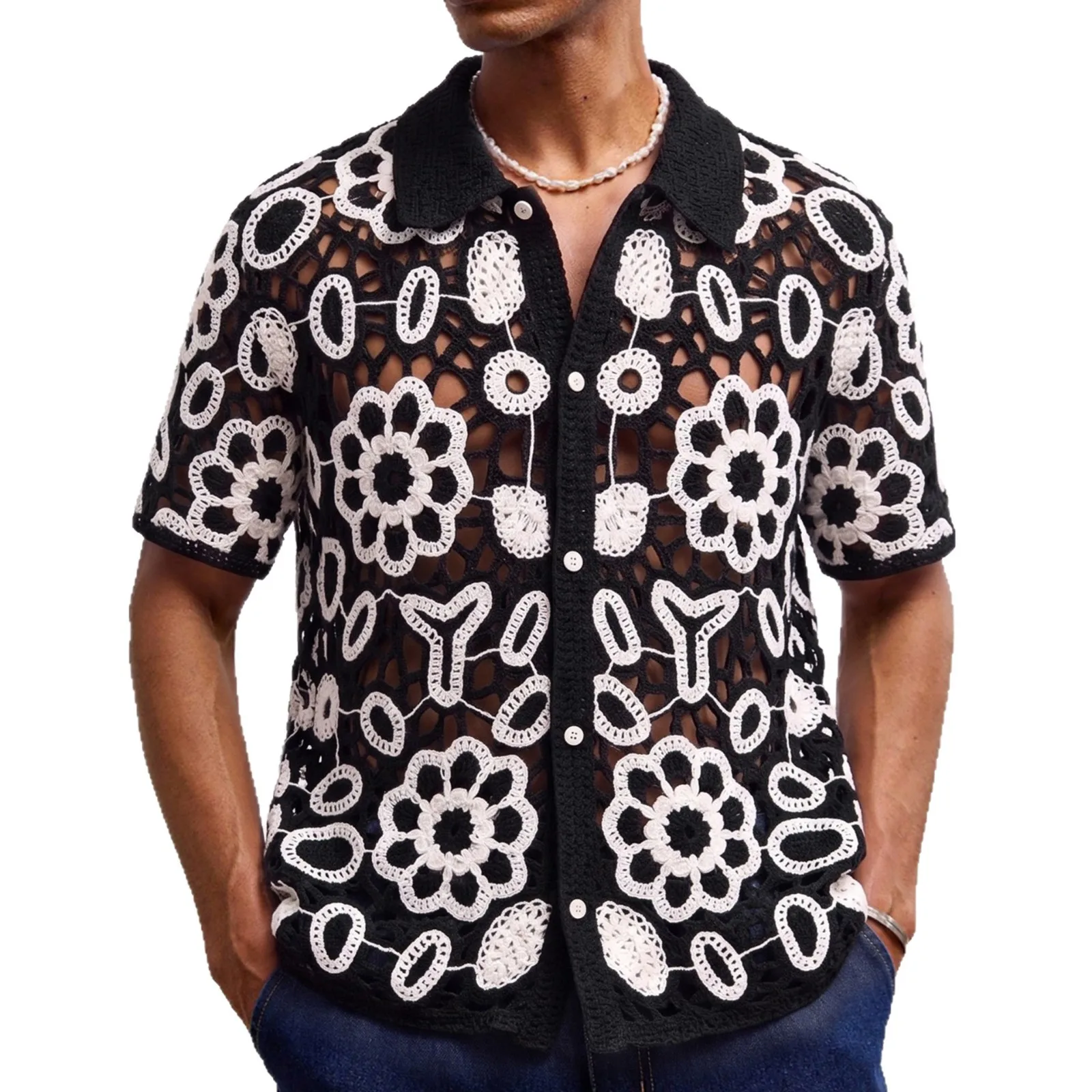 Men's fashion European and American retro flower hook flower hollow short sleeved knitted shirt summer casual polo shirt top