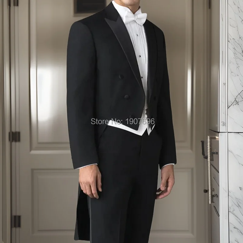 Wedding Man Tail Coat for Wedding Groom Suits with Double Breasted 3 Piece Set Prom Party Stage Black Jacket Pants White Vest