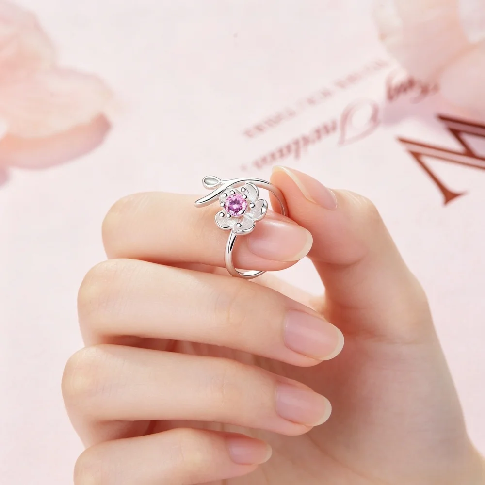 

925 Sterling Silver Cherry Blossom Flower Open Ring with Pink CZ Stone Dainty Floral Jewelry Gift for Women Girls