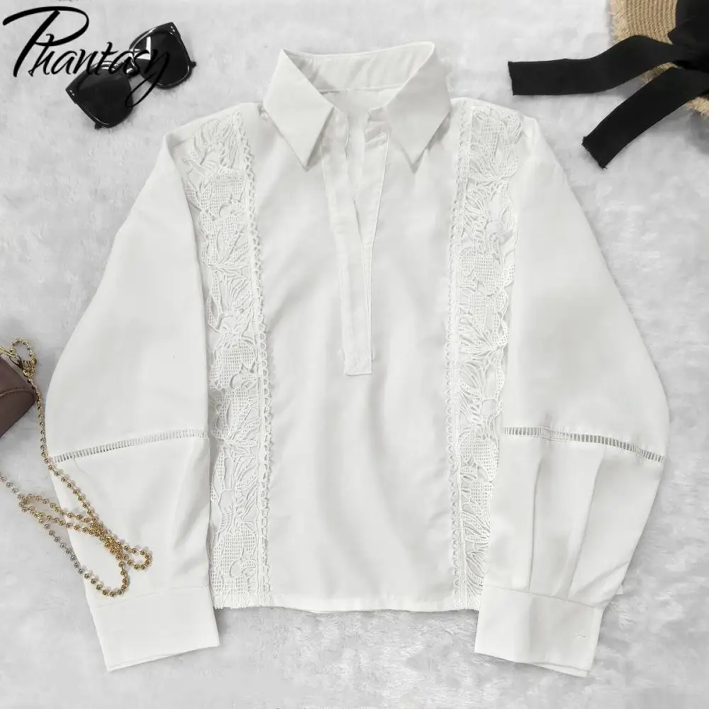 Phantasy Französisch Weiß Hohl Gesticktes Einfaches Hemd Damen Herbst Neue Lose Elegante Kleine Hemd Top Damen Tägliche Kleidung