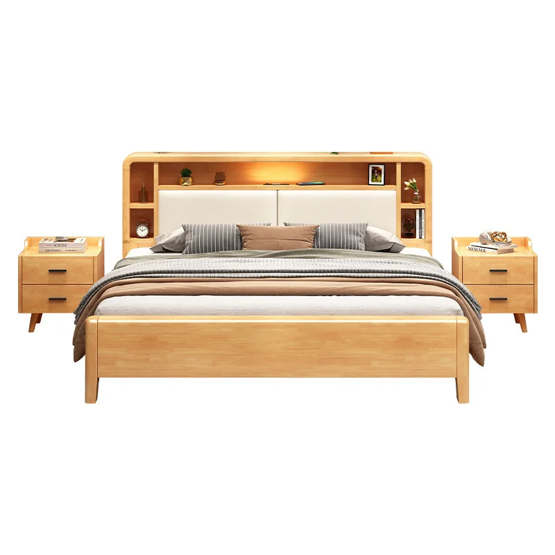 

Nordic, solid wood bed, modern, simple, master bedroom, soft bag, high box, storage