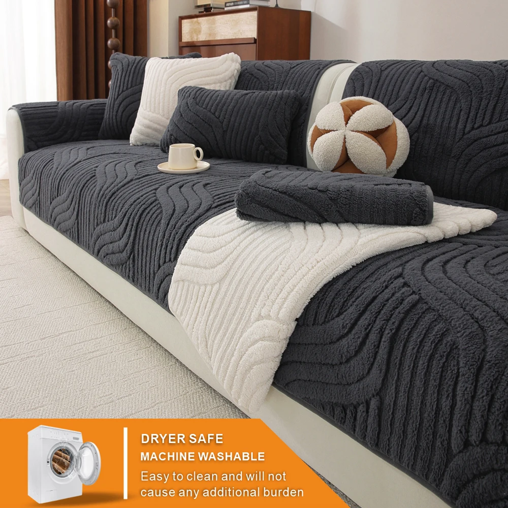 Plush Sofa Cushion Anti‑Slip Pet‑Friendly Machine Washable Solid Color Sofa Pad Furniture Protector for Living Room