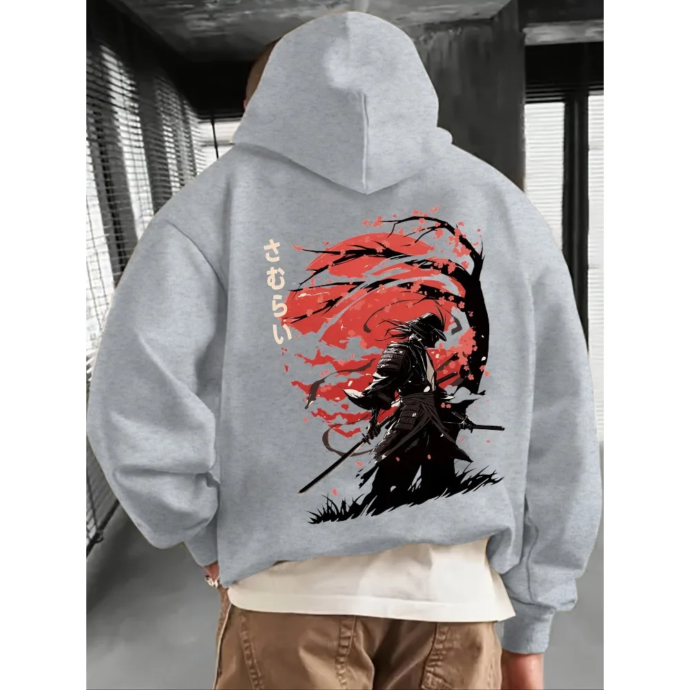 Japanese Samurai Cherry Blossom Red Sun Graphic Hoodie Men Women Vintage Streetwear Pullover Hooded Sweatshirt Loose Fit