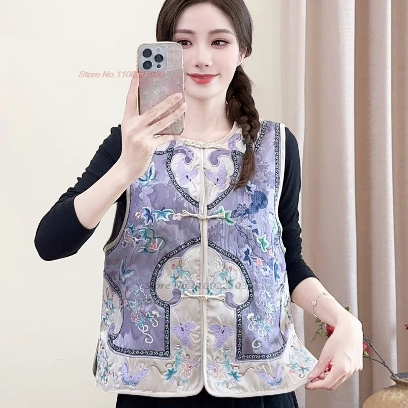 

2025 national flower embroidery satin jacquard vest retro o-neck cotton-padded vest sleeveless jacket traditional hanfu tops