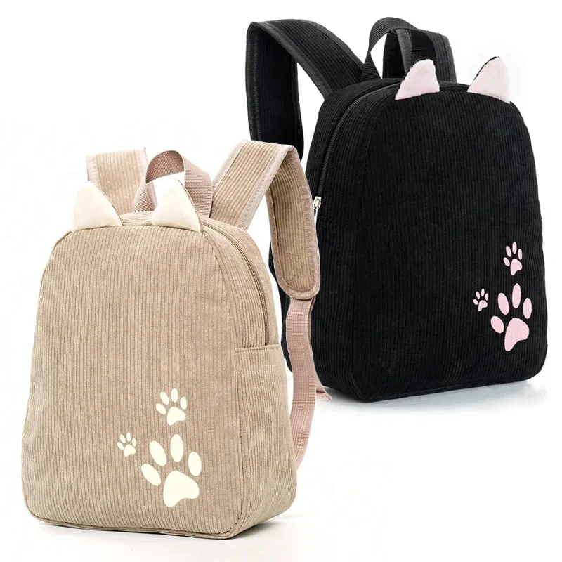 

Kindergarten Baby Corduroy Large Opening Zipper Bookbag Children Boy Girl Cute Solid Color Backpack 3D Cat Ear Footprint Print