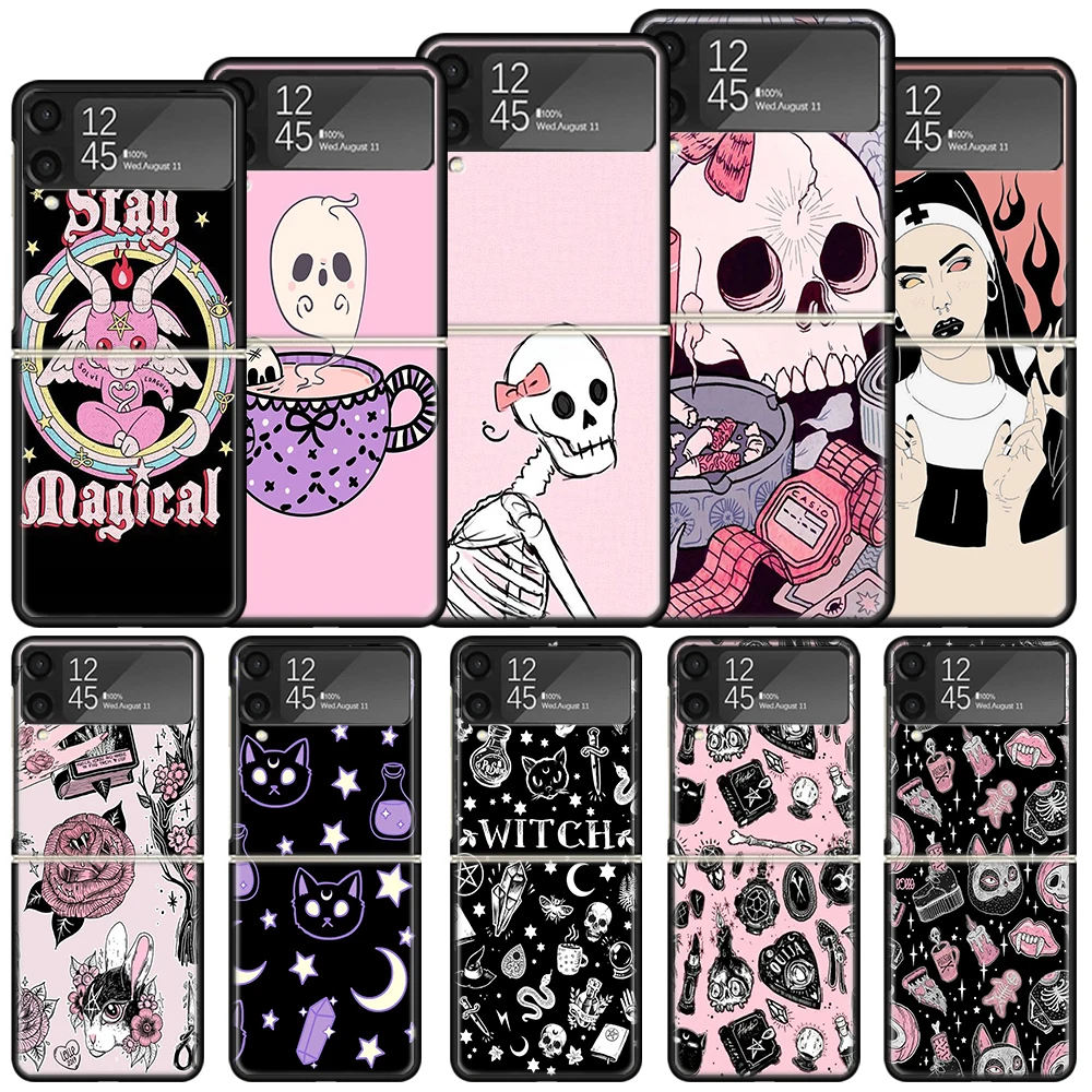 Pink Cat Skull Sorceress Witch Shockproof Case For Samsung Galaxy Z Flip 7 6 5 4 3 5G Phone Cover Z Flip3 Flip4 Flip5 Flip6 Flip