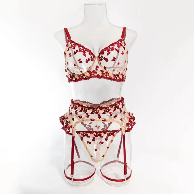 Bikini with heart embroidery and floral details, push-up, alluring, high-end, see-through, sexy lingerie set