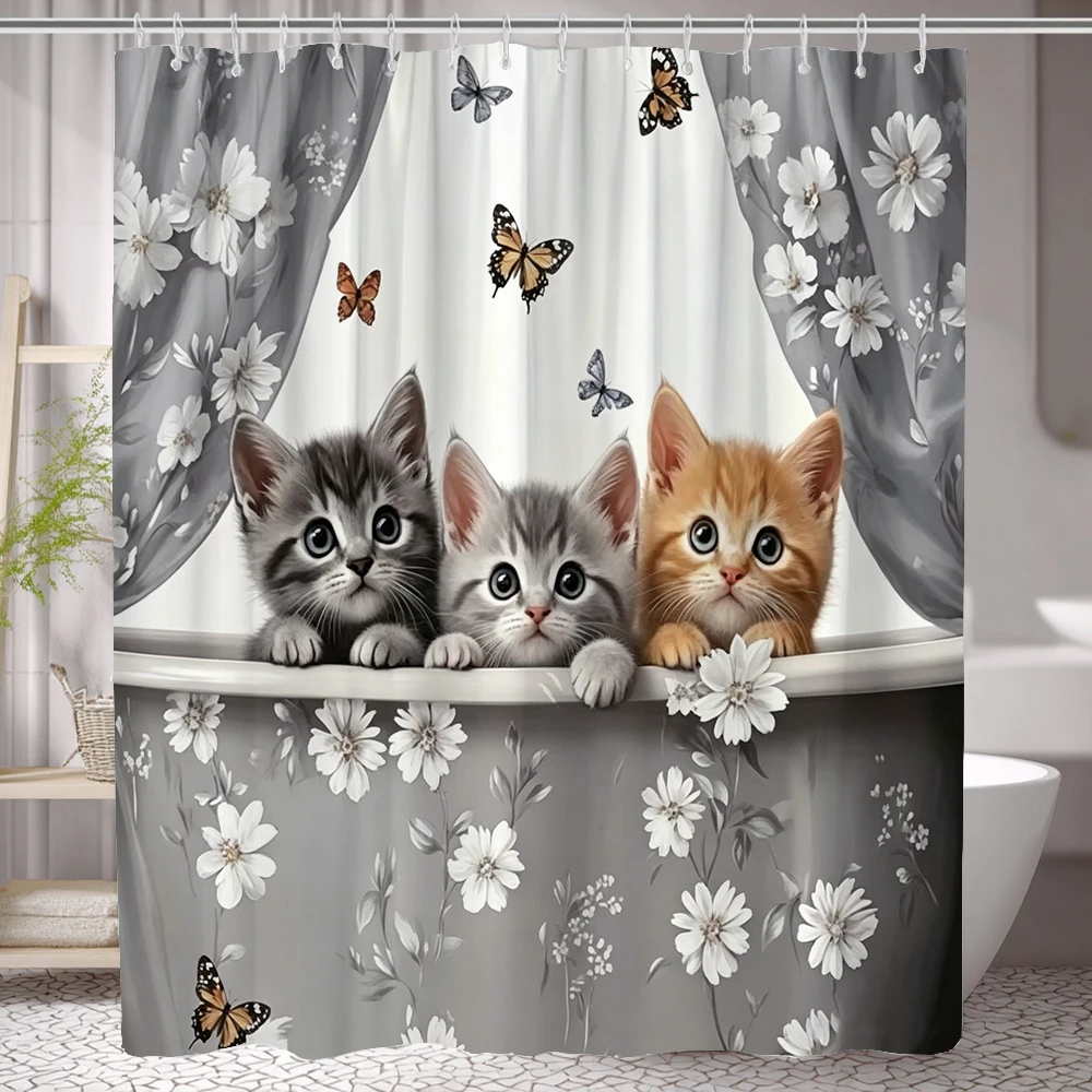 1pc Adorable Cats Shower Curtain Polyester Fabric - With Hooks Waterproof Mildew Proof Easy Install Washable Bathroom Curtain