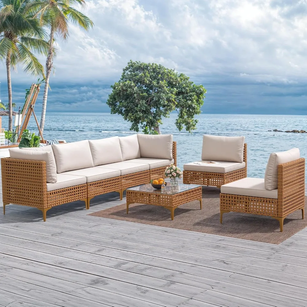 

7-Piece Patio Furniture Set, All-Weather PE Wicker Patio Conversation Set for Backyard Deck Poolside Porch, Outdoor Sectional S