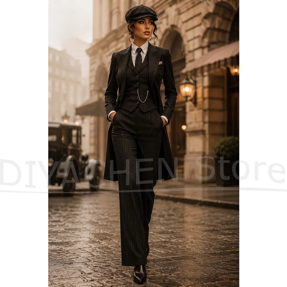 Vintage Black Striped Womens 3 Piece Suit Long Blazer Vest And Trousers Retro Formal Outfit For Wedding Party Smart Casual Suits