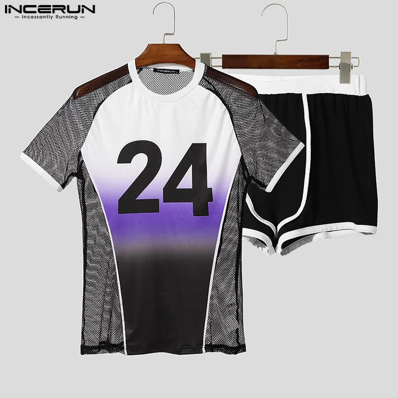 

Two-piece Suits Summer Men's Sets INCERUN Sexy Short Sleeve Tops Tee T-shirt Mesh Sets 2PCS Patchwork Print Tops Shorts S-5XL
