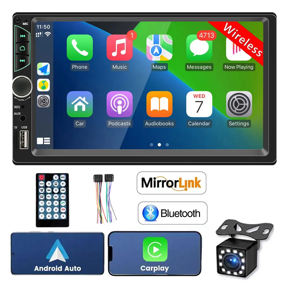 Autoradio 1 Din Con CarPlay Wireless E Android Auto – Schermo IPS 1024x600, Bluetooth, FM, Ingresso USB/SD/AUX, Telecamera Retromarcia E Tasti Pianoforte