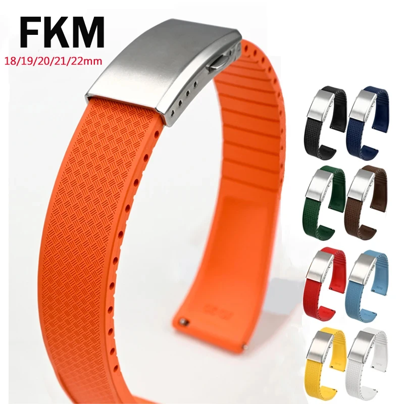Fluoro Rubber Watch Band FKM Tropic Strap 18/19/20/21/22mm Folding Buckle Quick Release Cut to Size Bracelet for Men Women