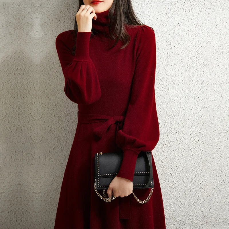 

Red Turtleneck Knitted Dress Women's Autumn 2022 Retro Lantern Sleeves Bottoming Warm Sweater Dress Christmas vestidos dress