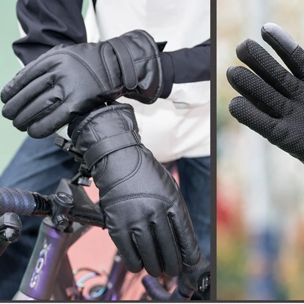 Guantes de invierno cálidos a la moda para hombre, guantes con forro de terciopelo para pantalla táctil de PU, manoplas impermeables a prueba de viento para conducir al aire libre