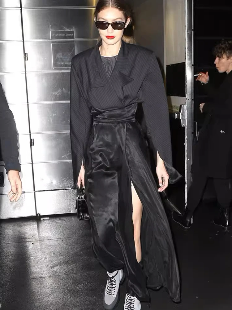 

Naturaleye Long Stripe Satin Suit Dress Black Smooth Silk Waist Belted Split Skirt High Waist A-Line Pure Color Polyester Fiber