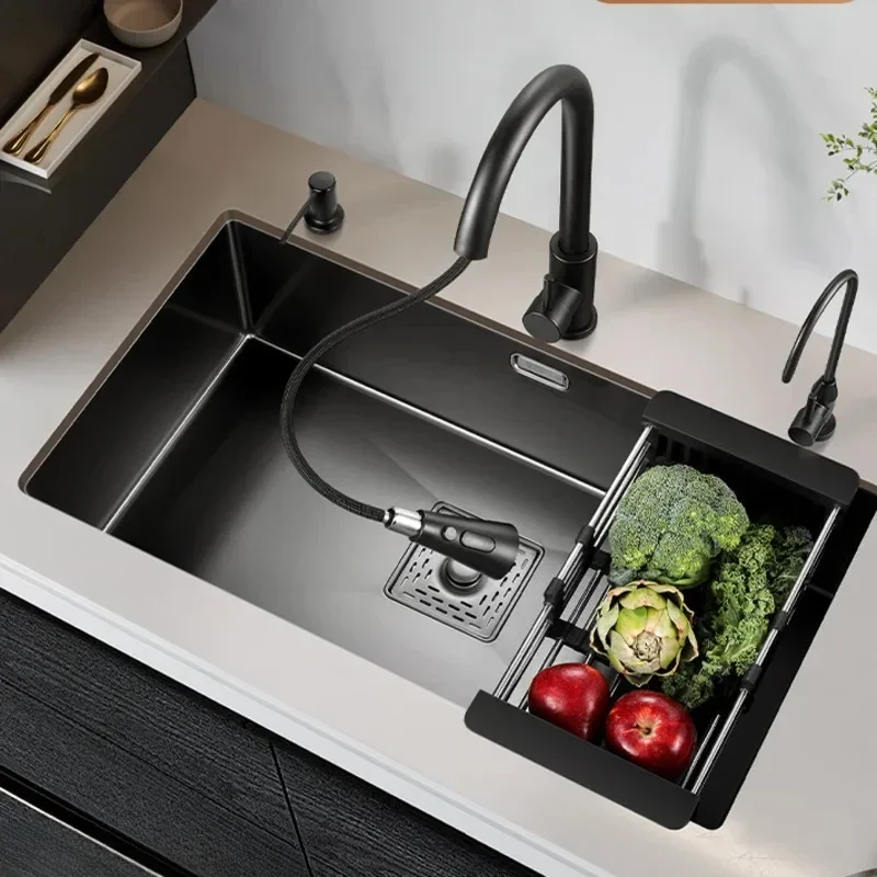 

Black Nano Kitchen Sink Large Single Slot 304 Stainless Steel Basin with Counter/Undermount Installation and Drain Set