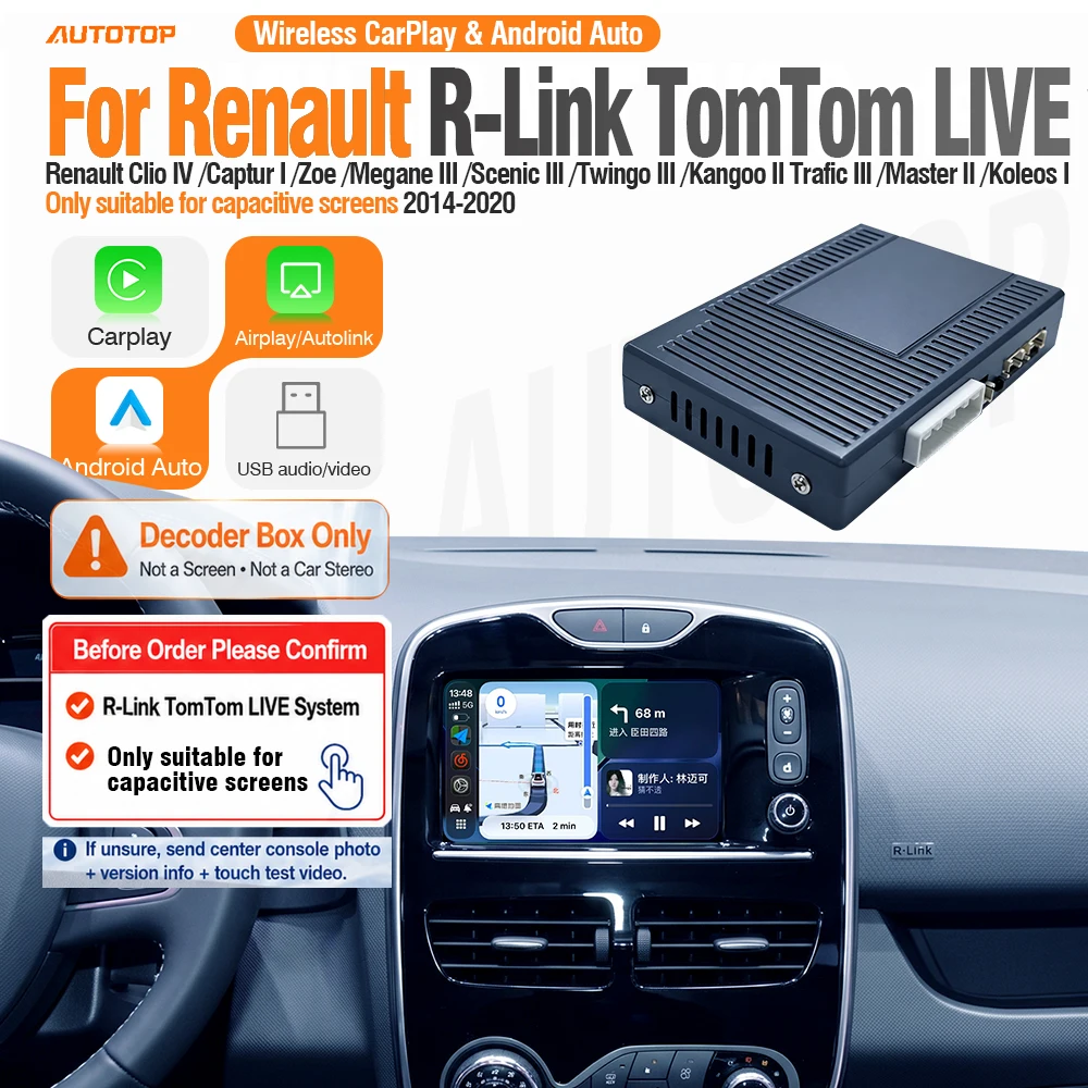 Bezprzewodowy zestaw modernizacyjny AUTOTOP CarPlay Android Auto do Renault R-Link TomTom LIVE Clio IV Captur I Zoe Megane III Scenic III Twingo III Kangoo II Trafic III Master III 2014-2020