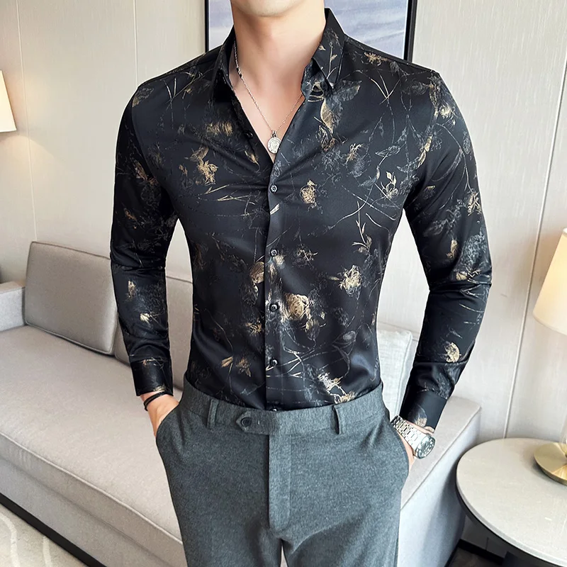 Camisa con estampado de seda dorada de lujo para hombres, camisas casuales de manga larga ajustadas a la moda, camisas de vestir formales para