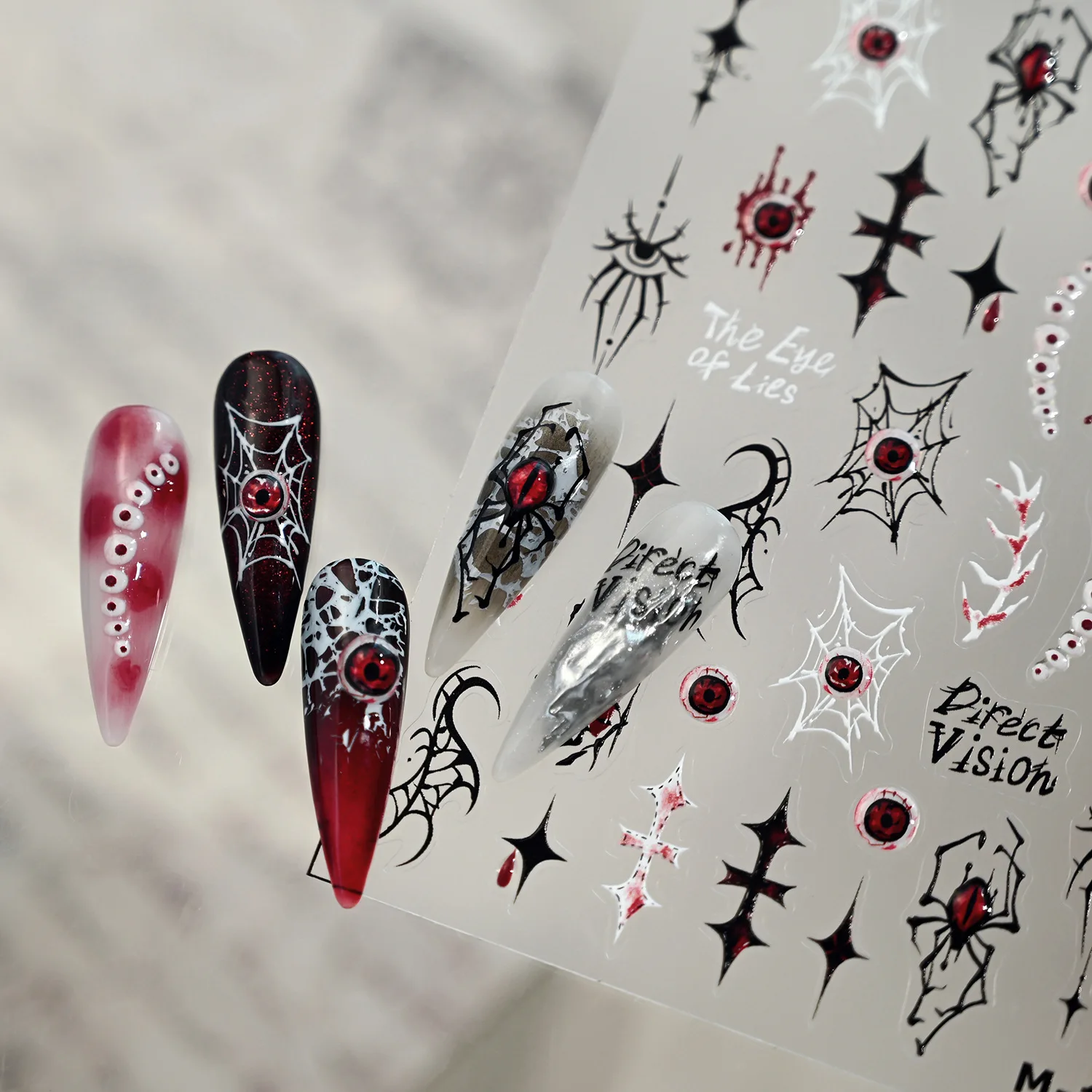 5D Gothic Halloween Rode Duivelsoog Spinnenweb Ghost Bone Sword Cross Adhesive Nail Art Stickers Decals Manicure Wild Charms