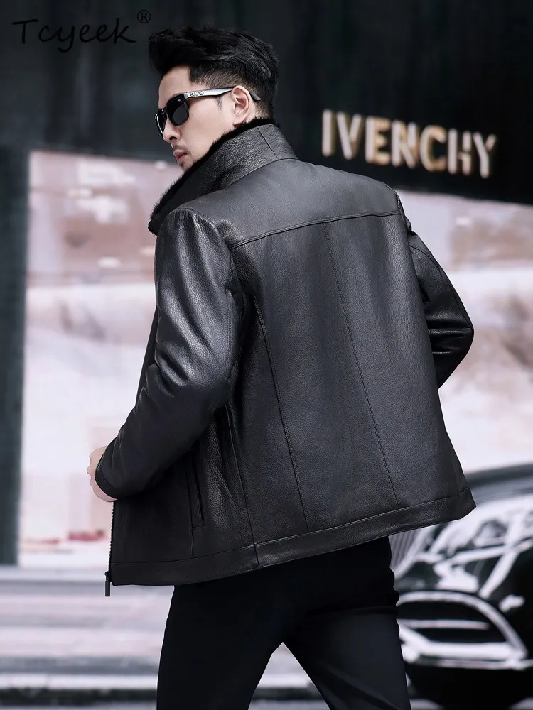 Tcyeek Top Layer Cowhide Genuine Leather Jacket Men Winter Clothes Business Casual Mink Fur Coat Mens Coats Chic Куртка Мужская