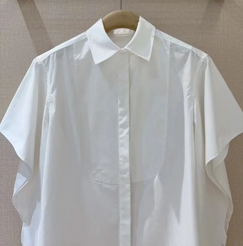 탑 패션 디자이너 블라우스 셔츠 2025 봄 여름 레이디 턴 다운 칼라 루렉스 자수 중공 슬리브 블루 화이트 셔츠