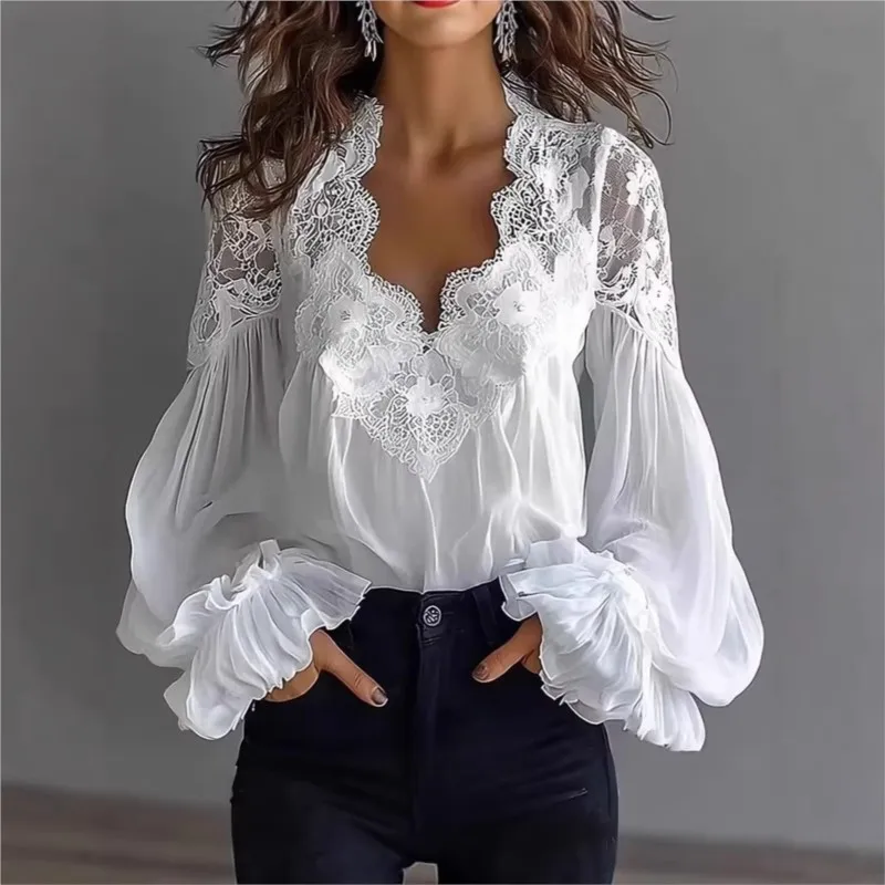 White/black Lace Trim Puff Sleeve Blouses Shirts Women 2026 Spring New V-Neck Sheer Flare Long Sleeve Loose Casual Shirt Top