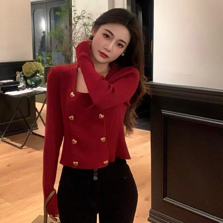 Temperament Red Knitted Sweater Autumn/Winter Korean Edition New Top Fashion Square Neck Knitted Sweater