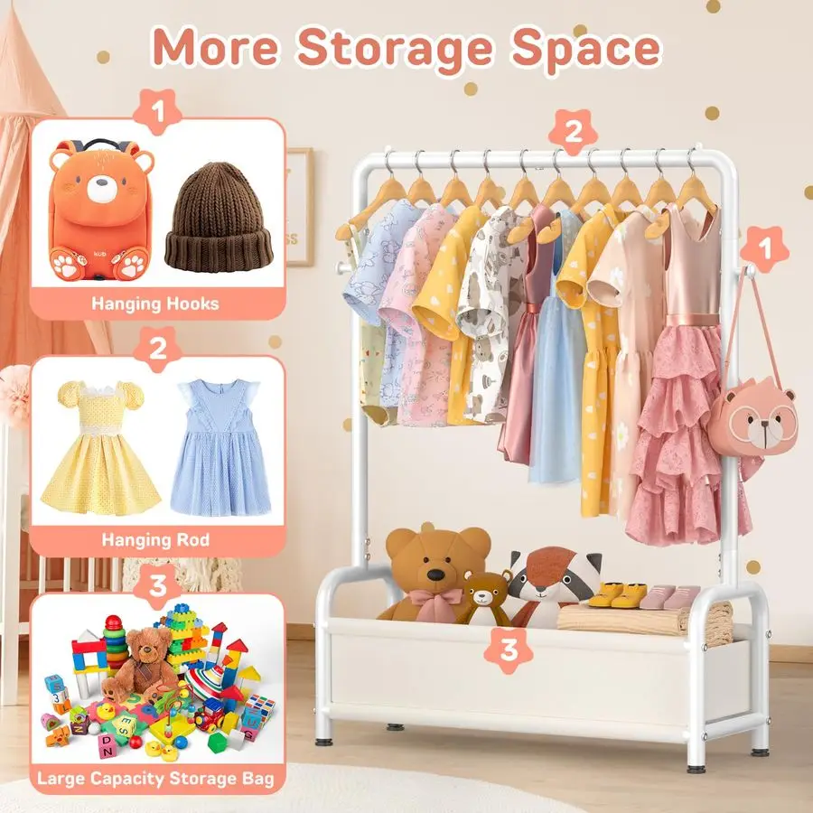 Kids Clothing Rack with Storage Shelf, Kids Dress Up Rack Storage for Coats, Small Baby Garment Rack for Hanging Clothes, Toddl
